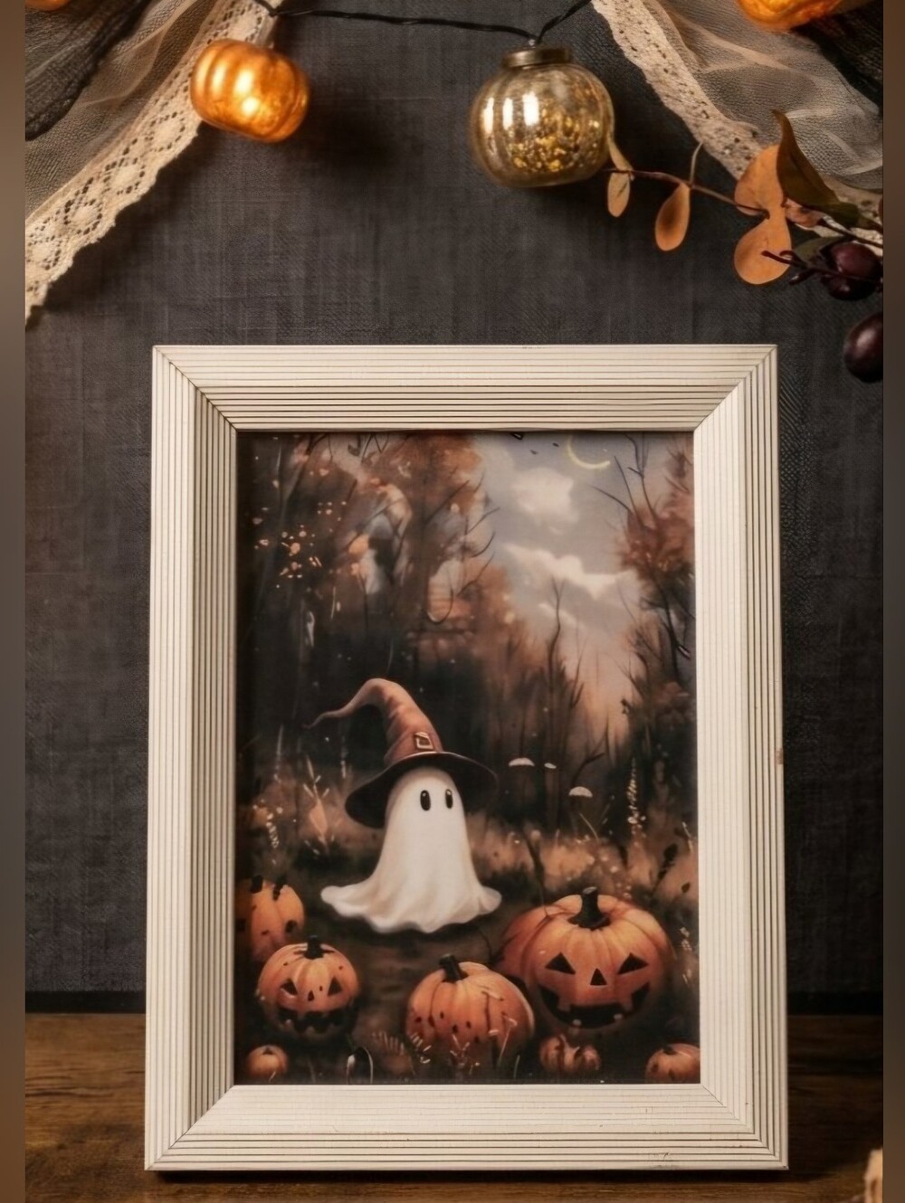 White Framed Halloween Ghost & Pumpkin Wall Art